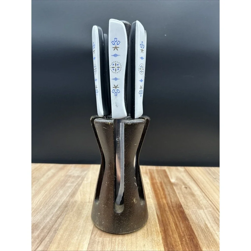 6 Vintage EKCO Vanadium Dutch Tulip Steak Knives USA Hollow Ground Set w Holder